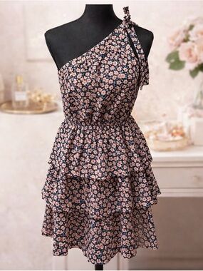 PrettyGarden One Shoulder Floral Ruffle Dress Tiered Mini Medium